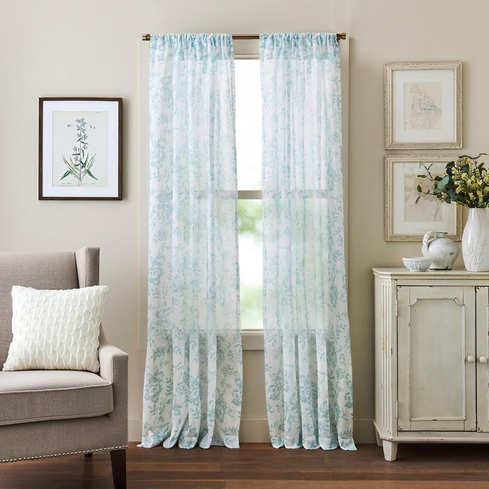 image:imageMartha Stewart Blue and White Curtains LightFiltering Floral Curtain Panels for Living Room 50 x 84 Set of 2Blue White