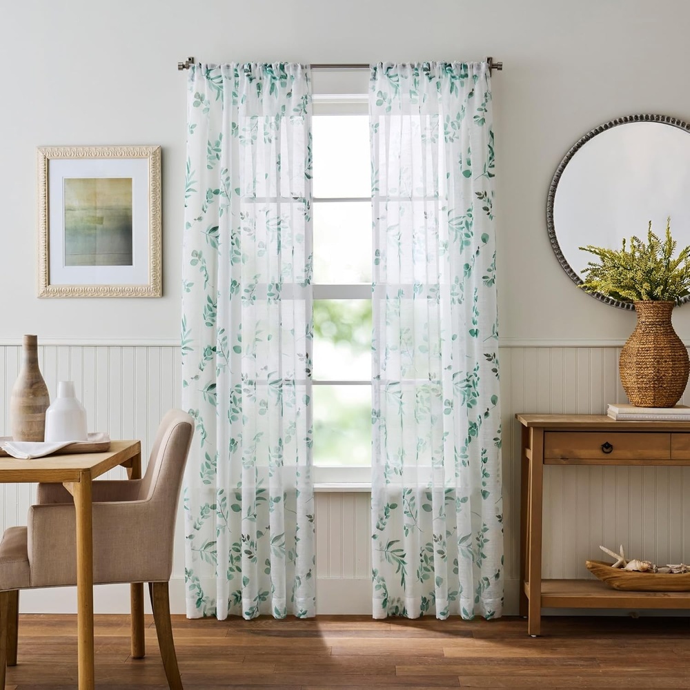 image:imageMartha Stewart Botanical Kitchen Curtains 36 Inch Sheer Cafe Tier Curtains with Valance Set 3 Piece White Green MaddisonWhiteGreen