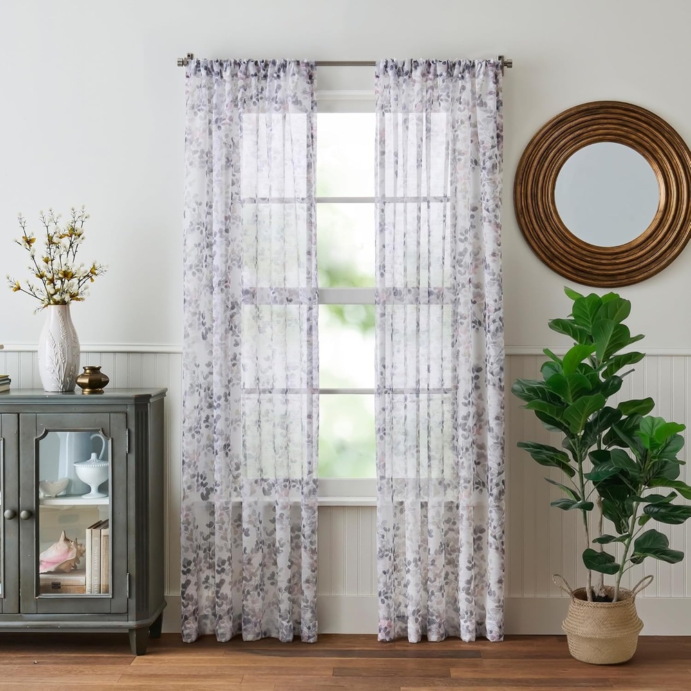 image:imageMartha Stewart Botanical Sheer Window Curtains 50 x 95 Set of 2 Rod Pocket Curtain Panels for Living Room White Grey Central ParkMulti Grey