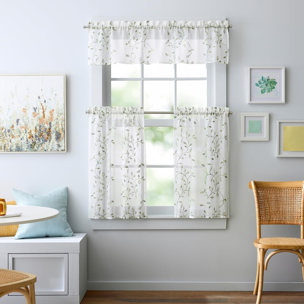 image:imageMartha Stewart Kitchen Curtains 36 Inch Sheer Embroidered Vine Cafe Tier Curtains with Valance Set 3 Piece White Green DurhamWhiteGreen