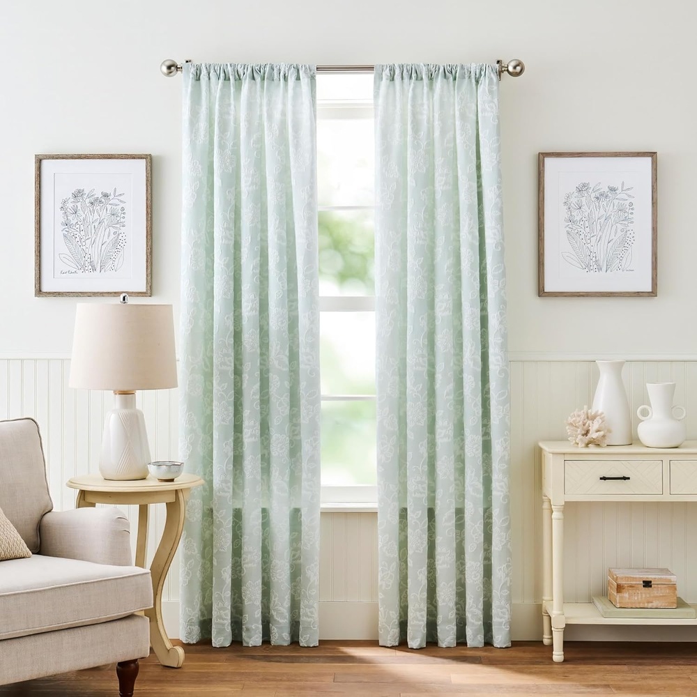 image:imageMartha Stewart Sage Green Curtains  50 x 95 Set of 2 LightFiltering Curtain Panels for Living Room White Floral Matelasse RainaSage Green