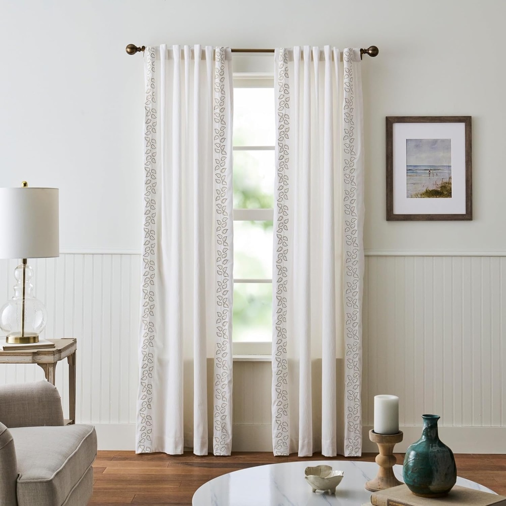 image:imageMartha Stewart White Curtains  Sage Green Embroidered Leaf  LightFiltering Curtain Panels for Living Room  50 x 95  Set of 2WhiteBeige Leaf