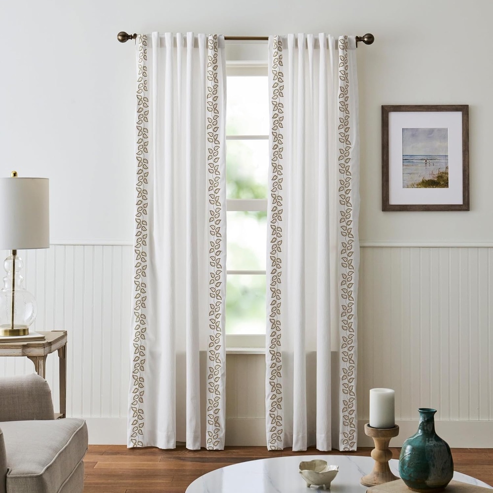 image:imageMartha Stewart White Curtains  Sage Green Embroidered Leaf  LightFiltering Curtain Panels for Living Room  50 x 95  Set of 2WhiteSage Green Leaf