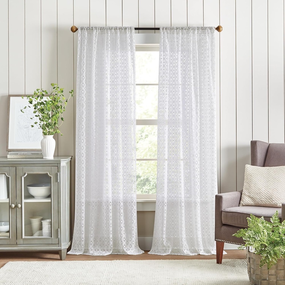 image:imageMartha Stewart White Lace Kitchen Curtains 36 Inch Sheer Cafe Tier Curtains with Valance Set 3 Piece CanterburyWhite