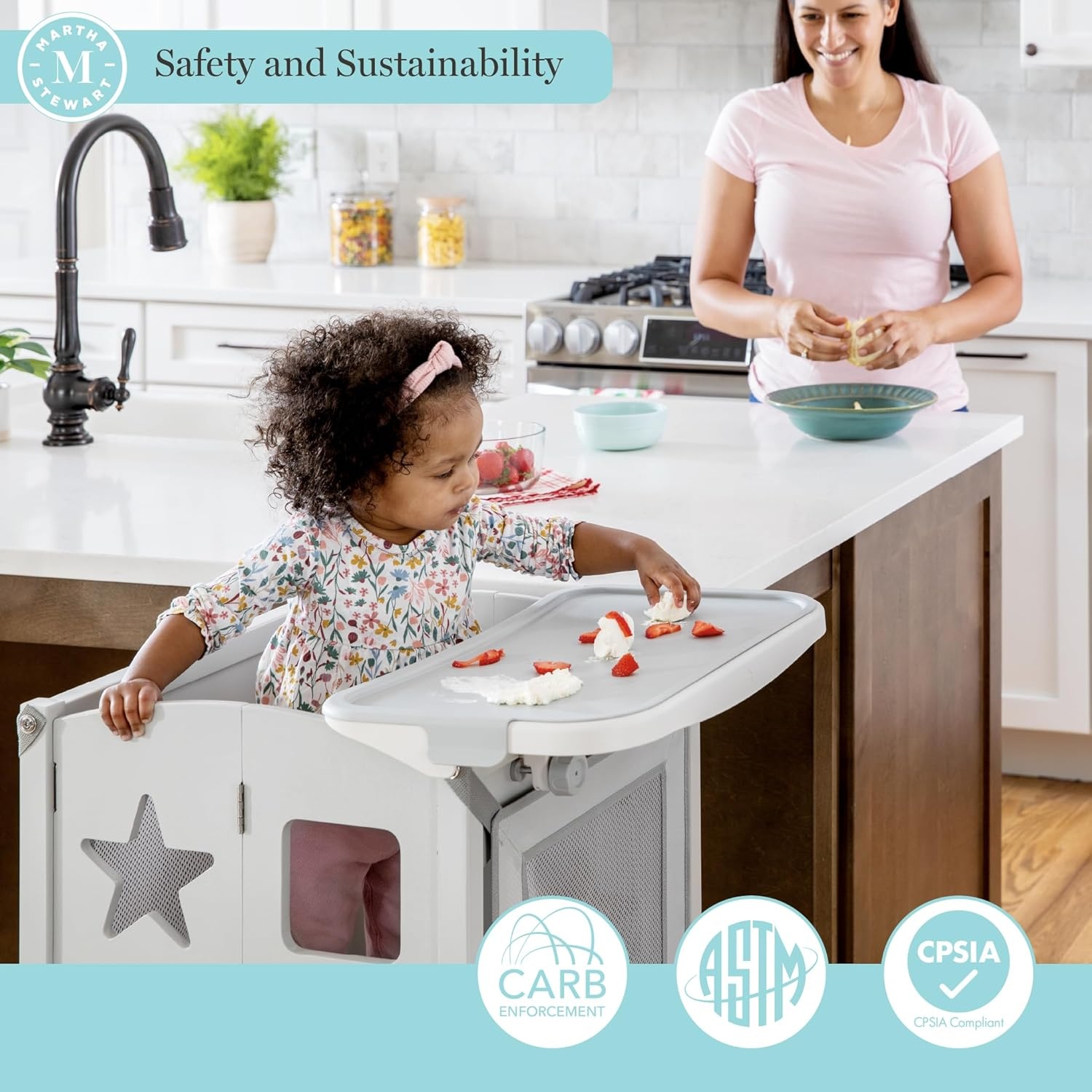 image:imageGuidecraft Kitchen Helper Toddler Tower and Mealtime and Play Tray Bundle Martha Stewart Linen White Folding Adjustable Step Stool with Keepers NonSlip Mat Detachable Tray TableLinen White