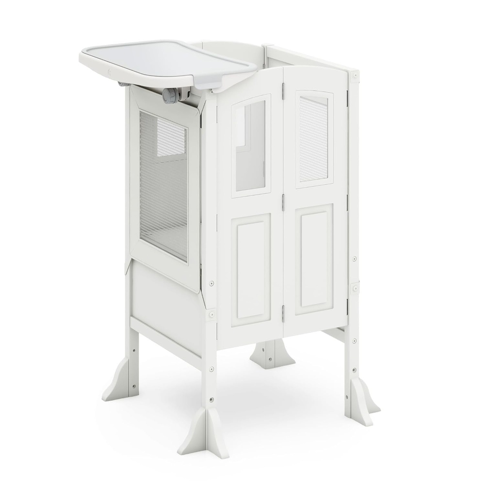 image:imageGuidecraft Kitchen Helper Toddler Tower and Mealtime and Play Tray Bundle Martha Stewart Linen White Folding Adjustable Step Stool with Keepers NonSlip Mat Detachable Tray TableLinen White