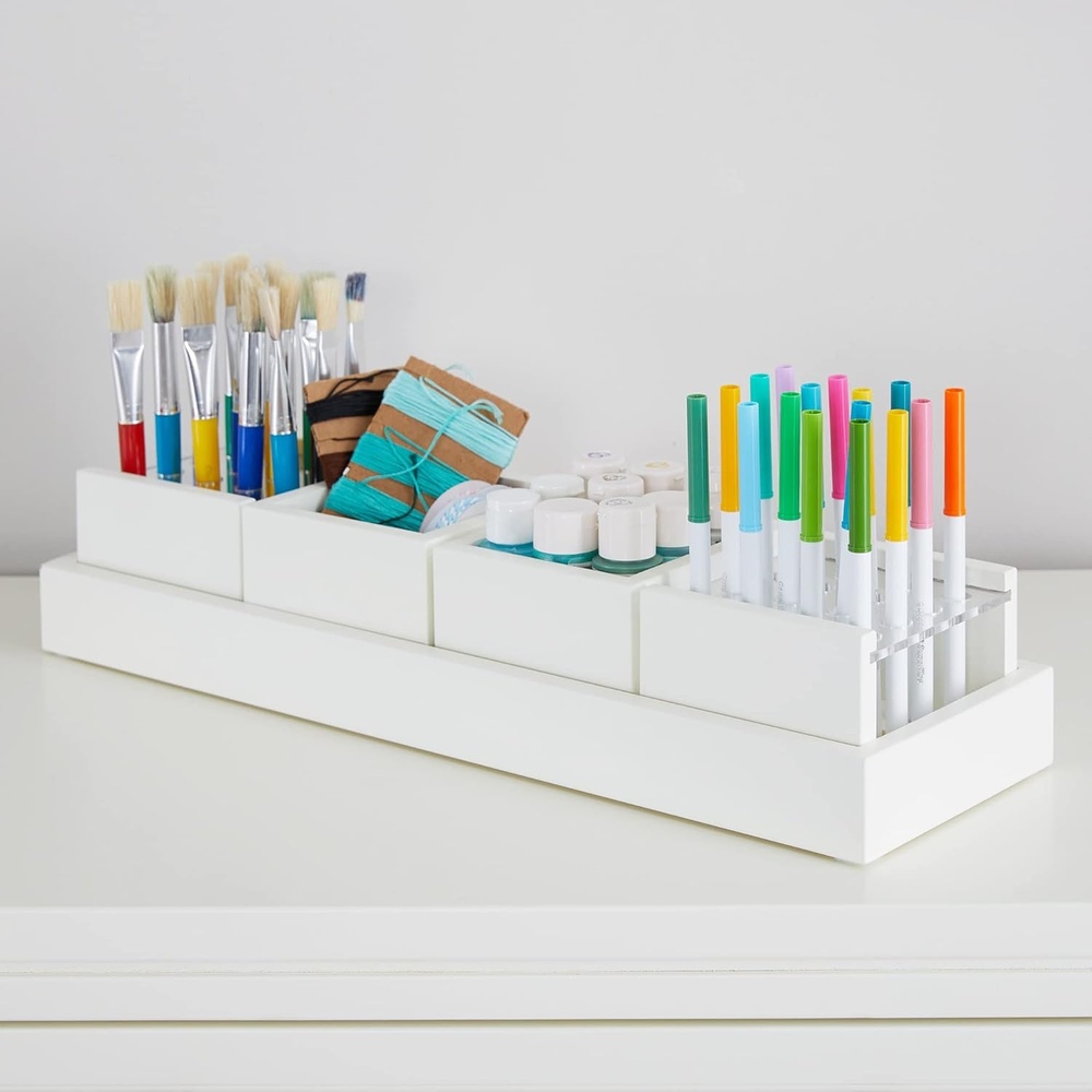 image:imageMartha Stewart Crafting Kids Accessory Tray Linen White Wooden Paintbrush Storage with 4 Compartments Crayon Marker and Pencil Organizer for DeskLinen White